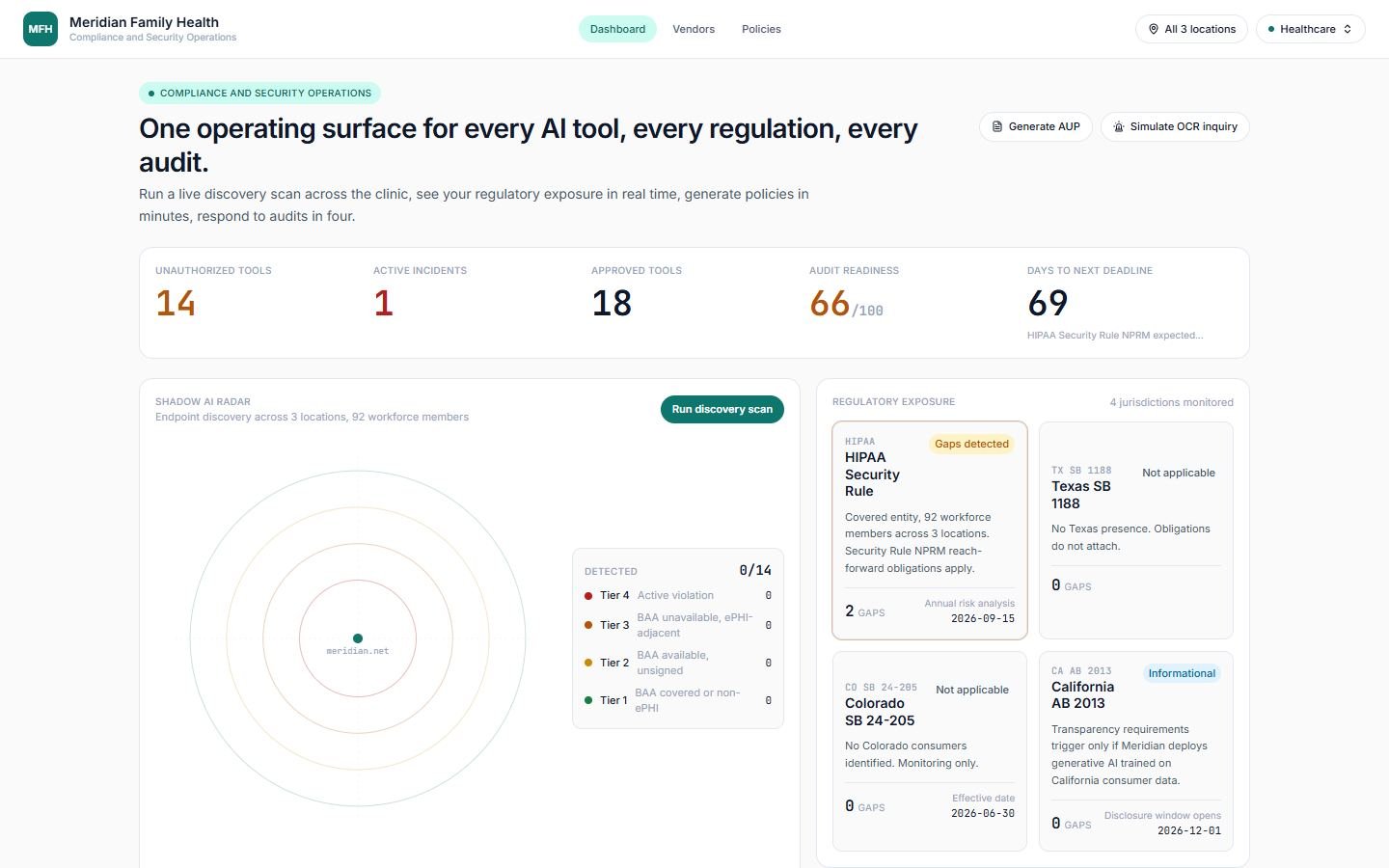 Screenshot of the AI Governance & Security product demo, the working product demo build