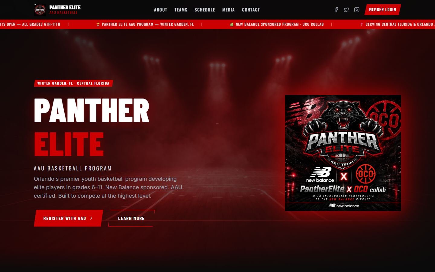 Screenshot of the Panther Elite AAU Basketball website, the program and roster site build